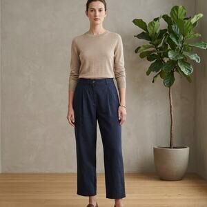 COS Pants Womens Navy Linen Blend Chambray Pleated Straight Leg
